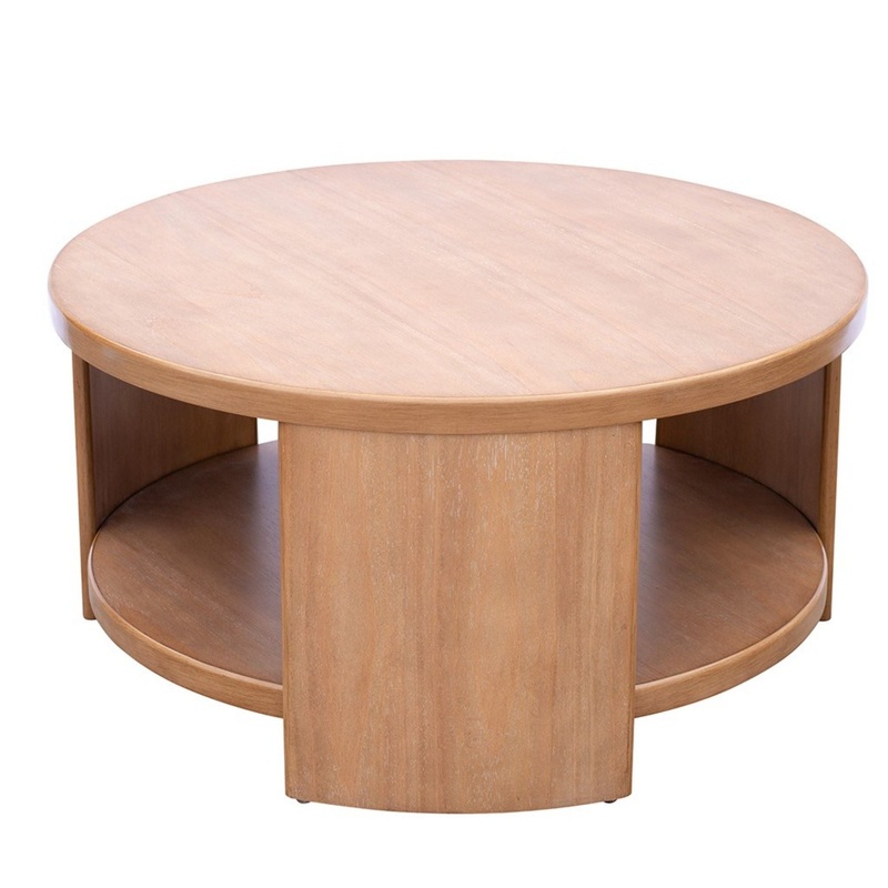 Modern Minimalist Round Coffee Table With Shelf Storage – Natural