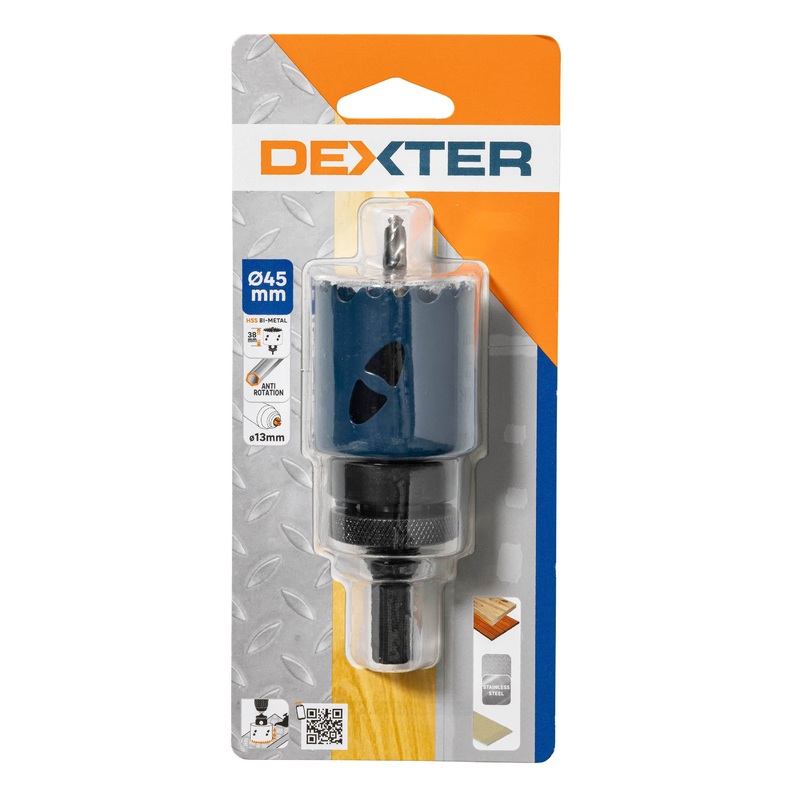 DEXTER 45MM BIMETAL HOLE SAW, WITH STAND AND TIP
