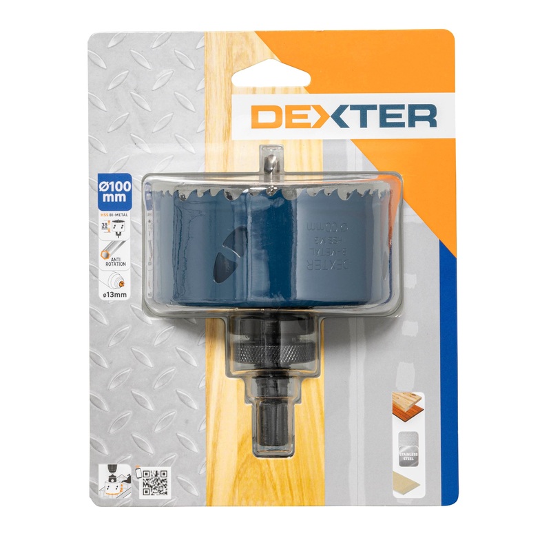DEXTER BIMETAL HOLESAW 100MM, WITH STAND AND BIT