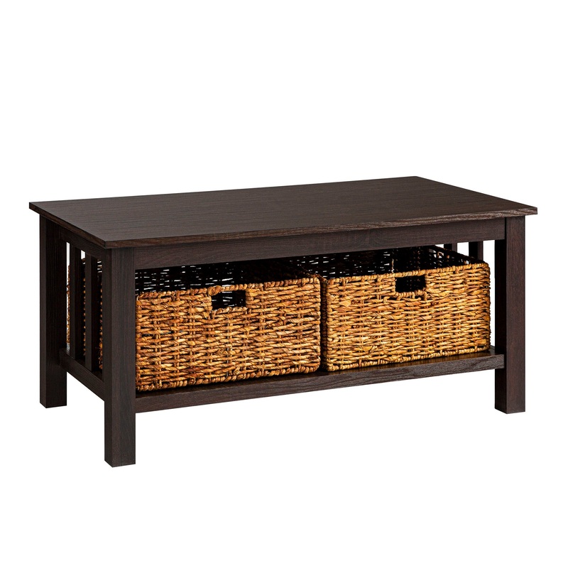 Coastal Coffee Table With Lower Shelf And Faux Rattan Baskets – Espresso