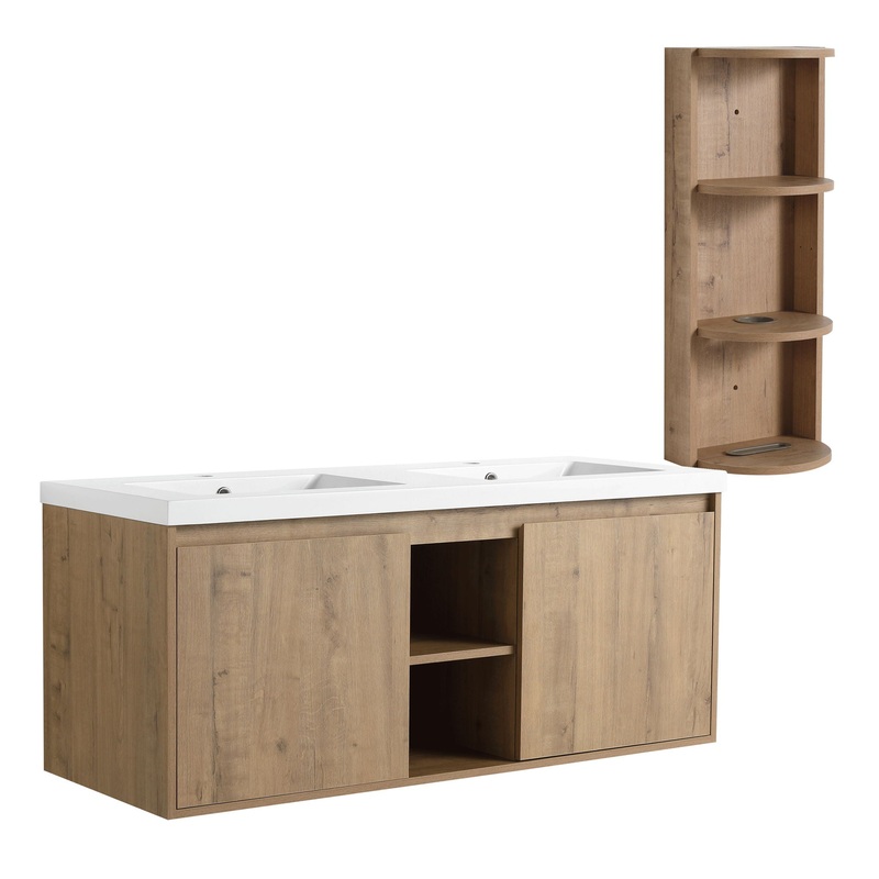 48 Wall Mounted Bathroom Vanity With Double Resin Sink And Storage Rack Soft Close Doors Plywood Construction – Imitative Oak
