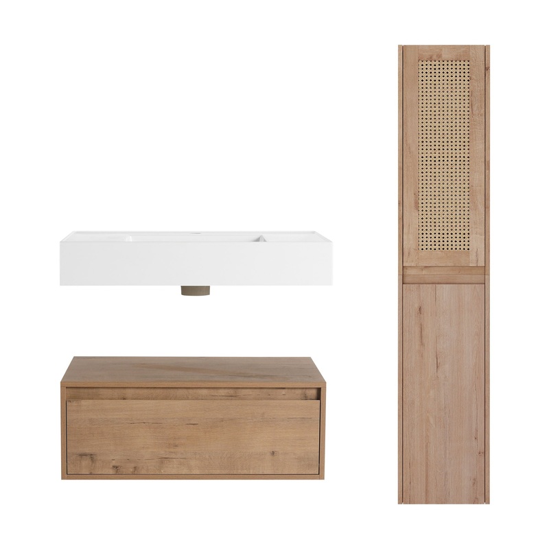 Contemporary Wall Mounted Bathroom Vanity With Resin Sink And 2 Side Cabinet – Imitative Oak