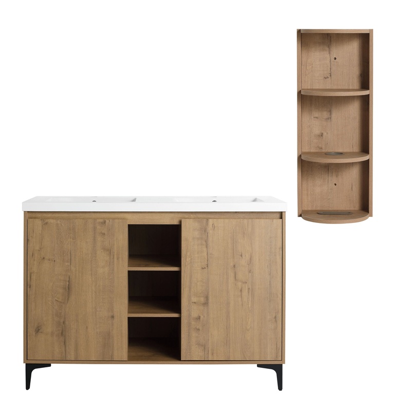 Elegant 48 Freestanding Bathroom Vanity With Double Resin Sink And Storage Rack Soft Close Doors – Imitative Oak