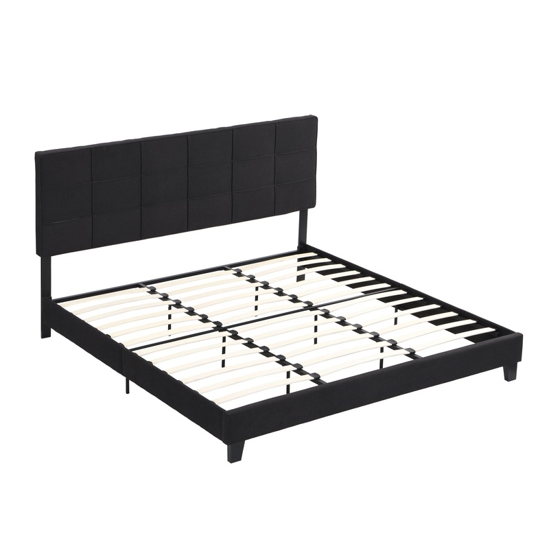 King Size Upholstered Platform Bed Frame With Linen Fabric Headboard, Wood Slat Support – Black