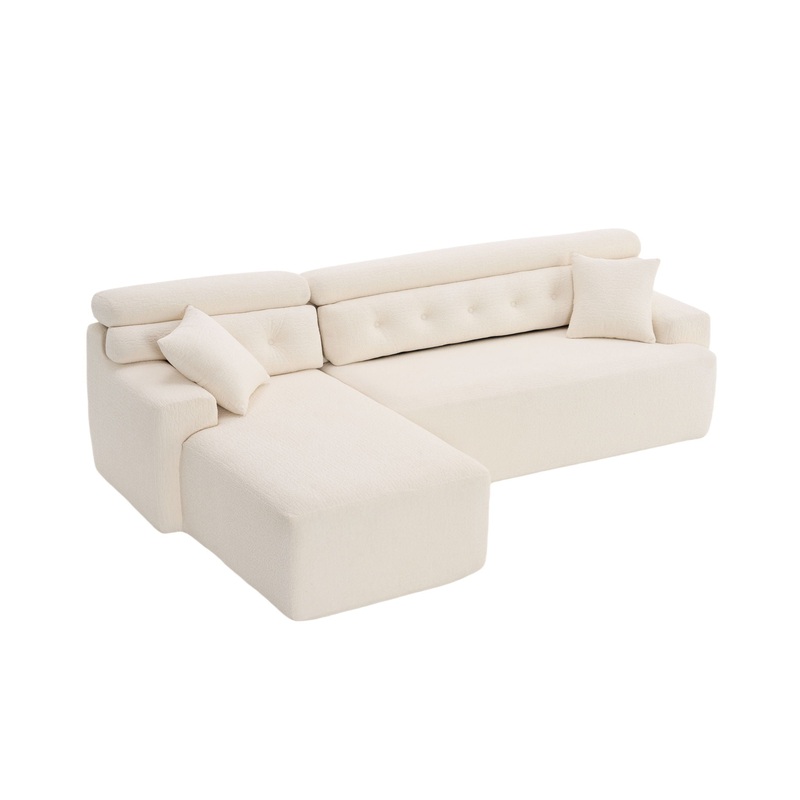 Ly 029B Convertible Chaise Sectional Sofa Full Compression Sponge Modular Couch Cloud 3 Seater Wood Grain Chenille 2 Pillows – Antique White