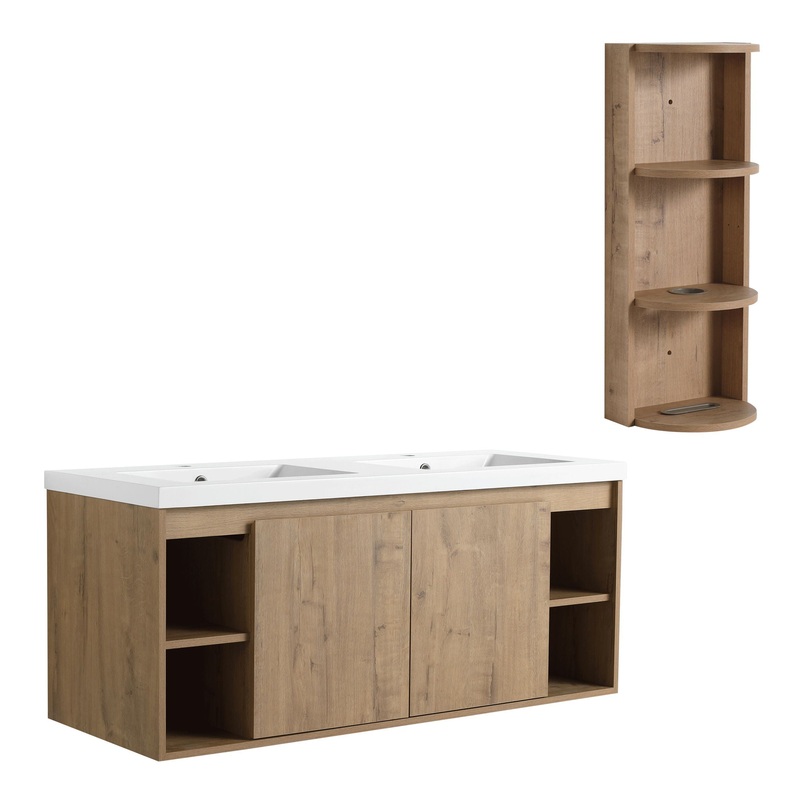 Modern 48 Wall Mounted Bathroom Vanity With Double Resin Sink And Storage Rack Soft Close Doors – Imitative Oak