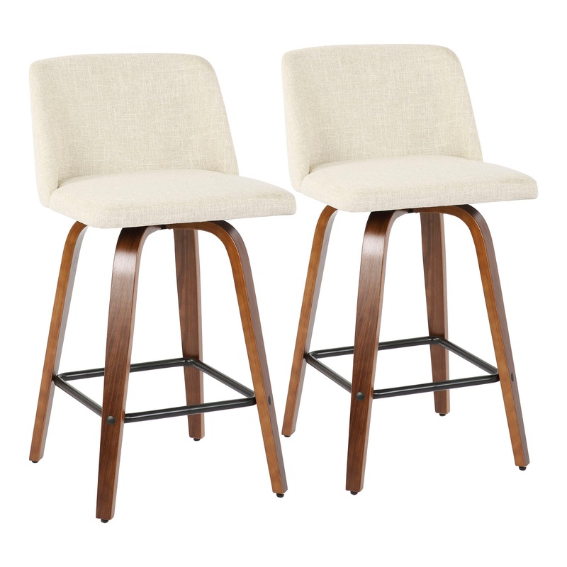 Toriano – Mid-Century Modern Counter Stool, Square Footrest (Set of 2) – Walnut / Cream