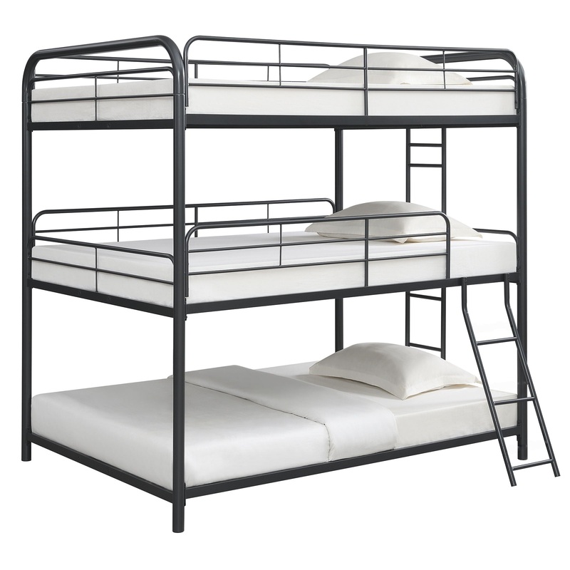 Triple Bunk Bed, Full Size With Sturdy Metal Frame And Safe Stairs – Black