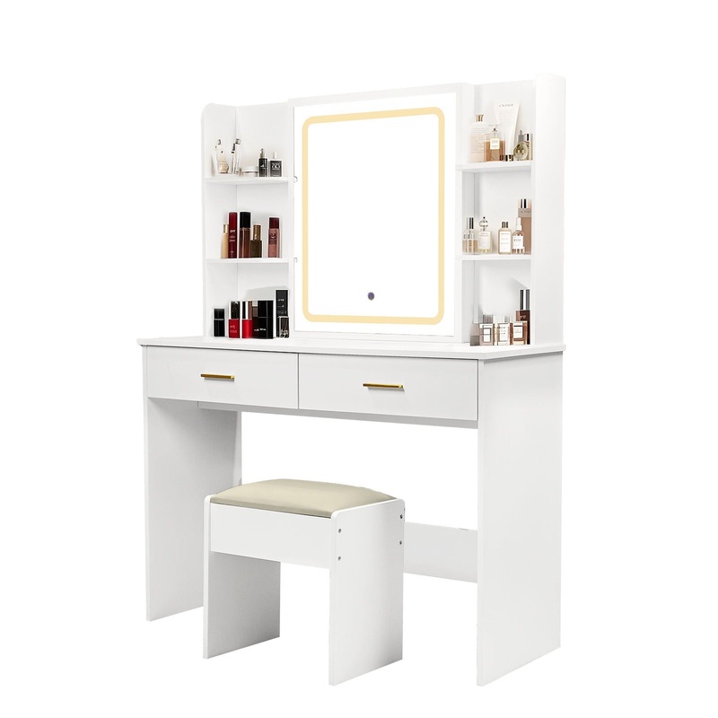 Vanity Desk With Mirror And LED Lights 3 Lighting Modes And Power Outlet 2 Spacious Drawers And Stool – White