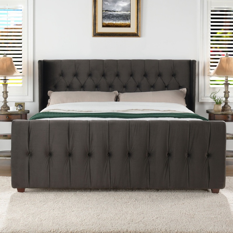 David – King Tufted Wingback Bed – Dark Charcoal Gray