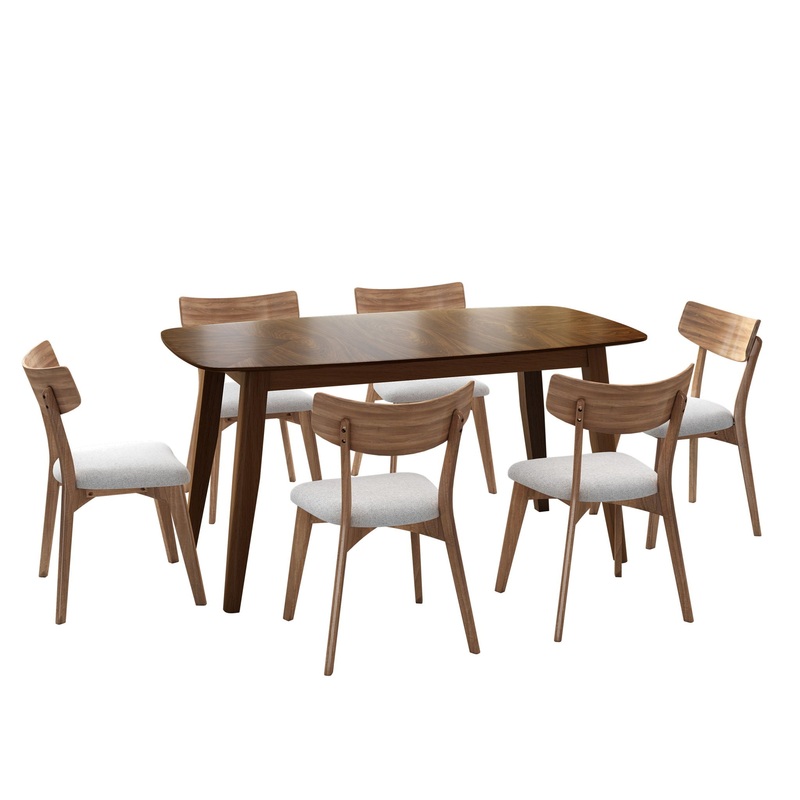 7 Piece Mid – Century Dining Set With Upholstered Dining Chairs, Dining Table