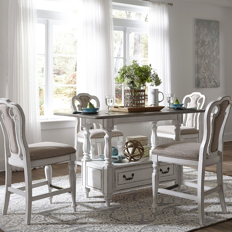 Magnolia Manor – 5 Piece Gathering Table Set – Upholstered Chairs – White