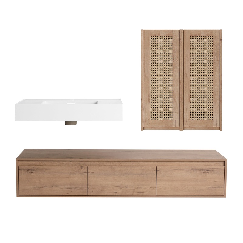 Modern Wall Mounted Bathroom Vanity With Resin Sink And 2 Side Cabinet, Imitative, Construction – Imitative Oak