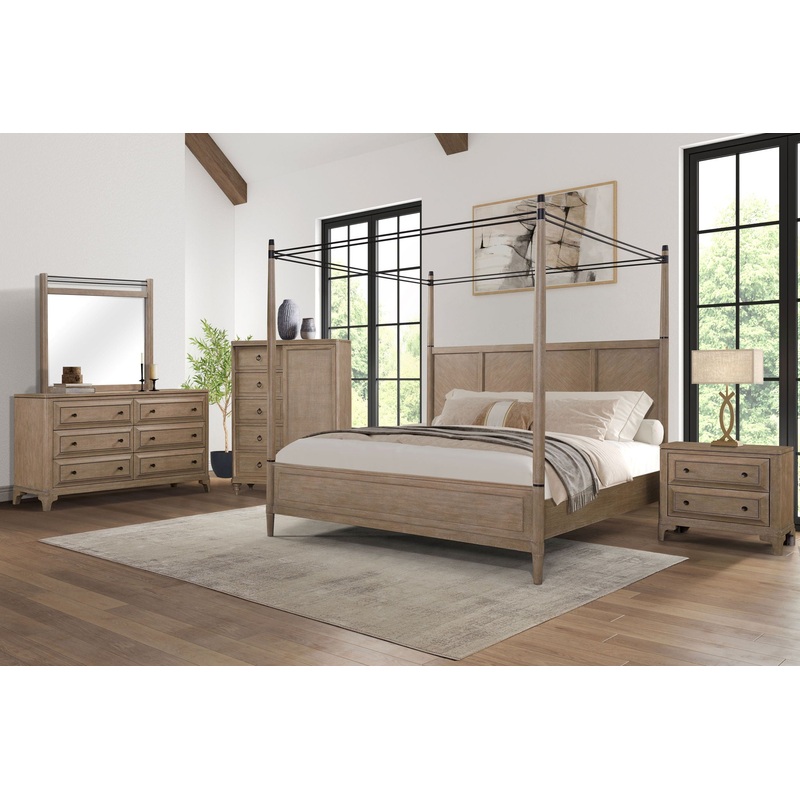 Queen Canopy Bedroom Set With A 2 Drawer Nightstand A Modern Dresser With Poster Mirror And A Door Chest – Sand