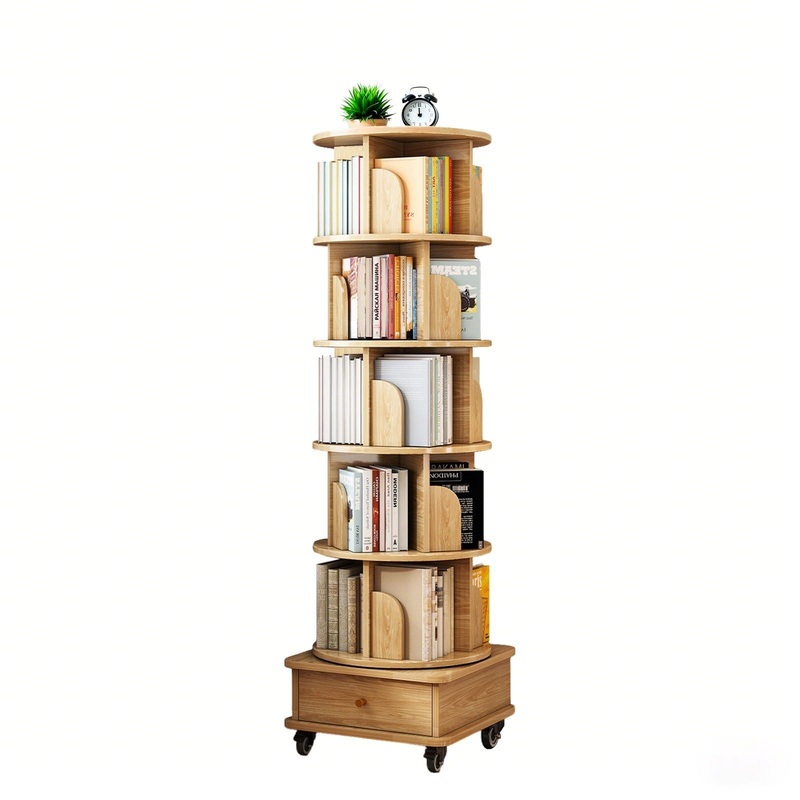 Rotating Bookshelf With Wheels And Drawer, 360 Spinning Design, Space Saving Storage