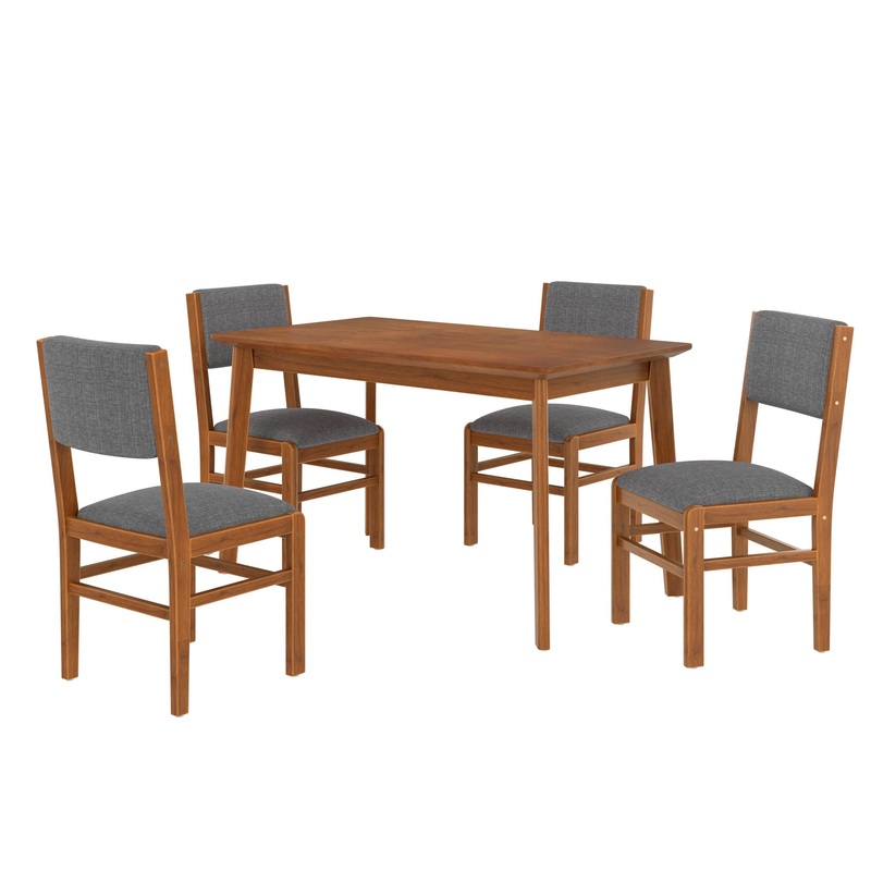 5 Pieces Rectangle Wooden Dining Table Set, Mid Century Modern Kitchen Table And 4 Upholstered Chairs For Home, Saving Space – Brown / Gray