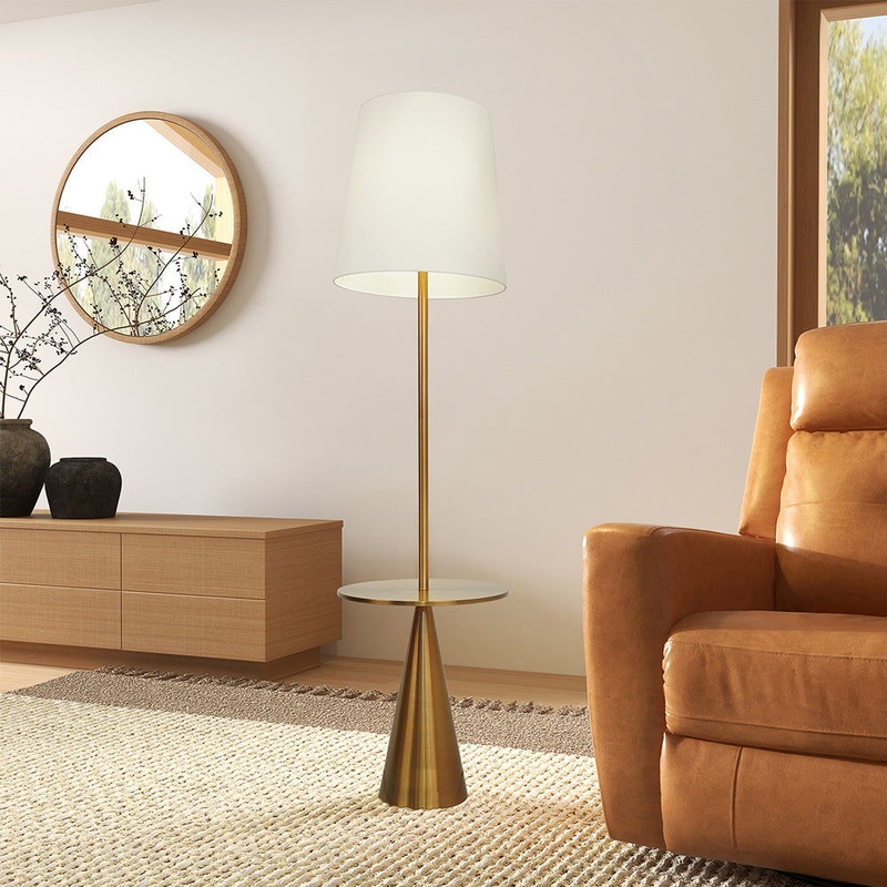 Celestial – Modern Floor Lamp With Accent Table With Large Shade – Gold / White