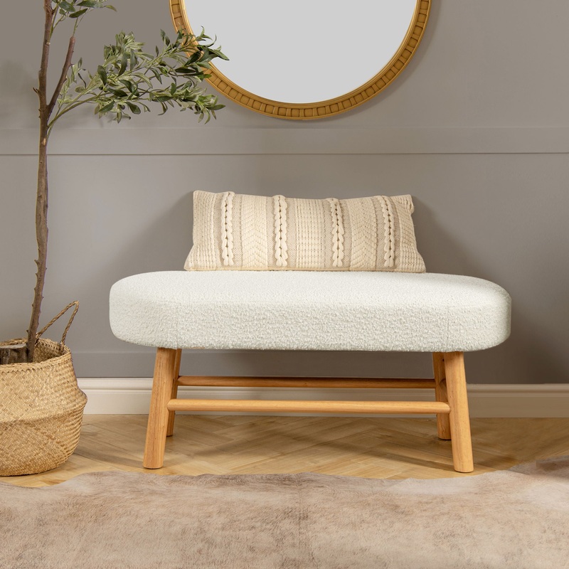 Fuji – Upholstered Bedroom Accent Bench With Natural Legs – Ivory White