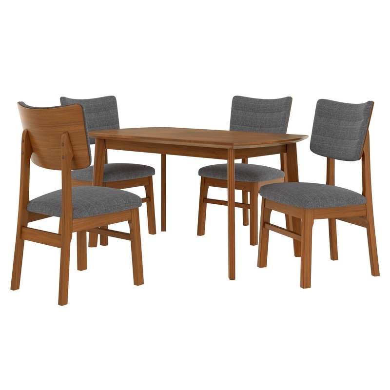 Mid Century Modern Dining Table Set For 4, Solid Wood Dining Table And Solid Wood Chairs, 5 Pieces Farmhouse Dining Table And 4 Upholstered Chairs – Brown / Gray