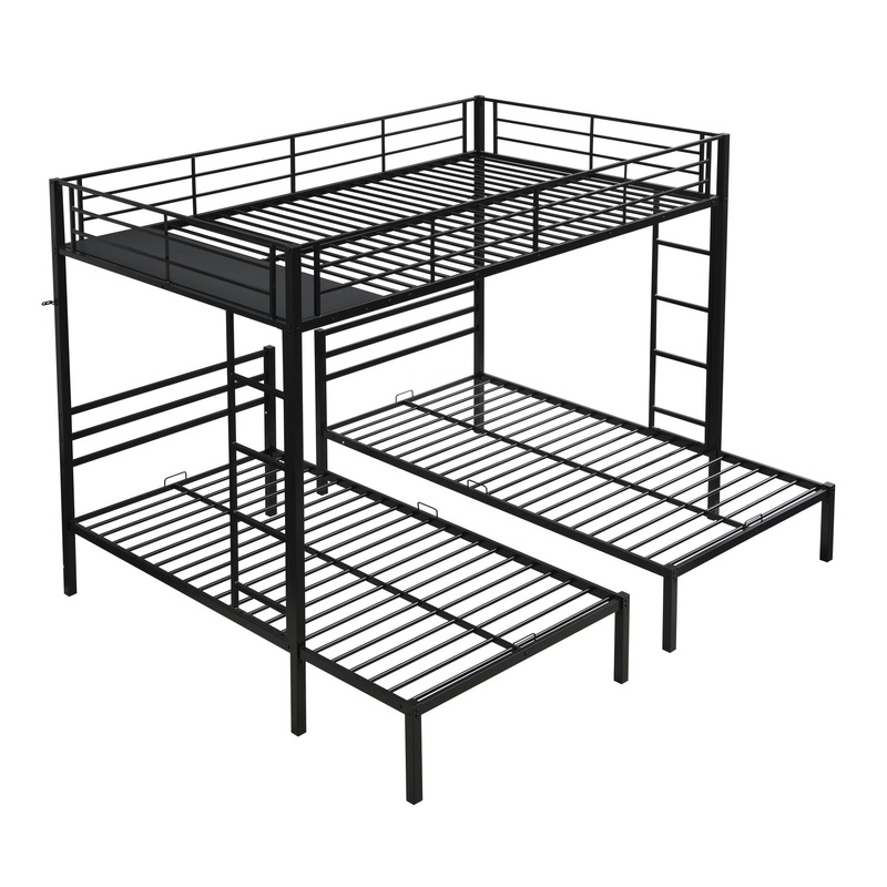 Modern Metal Triple Bunk Bed With Vertical Ladder, Safety Rail, And Storage Shelf – Black