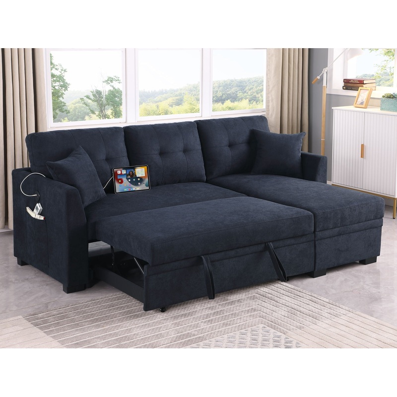 Sectional Sofa Bed L Shaped Sofa Couch Bed With USB Port, Reversible Chaise With Storage