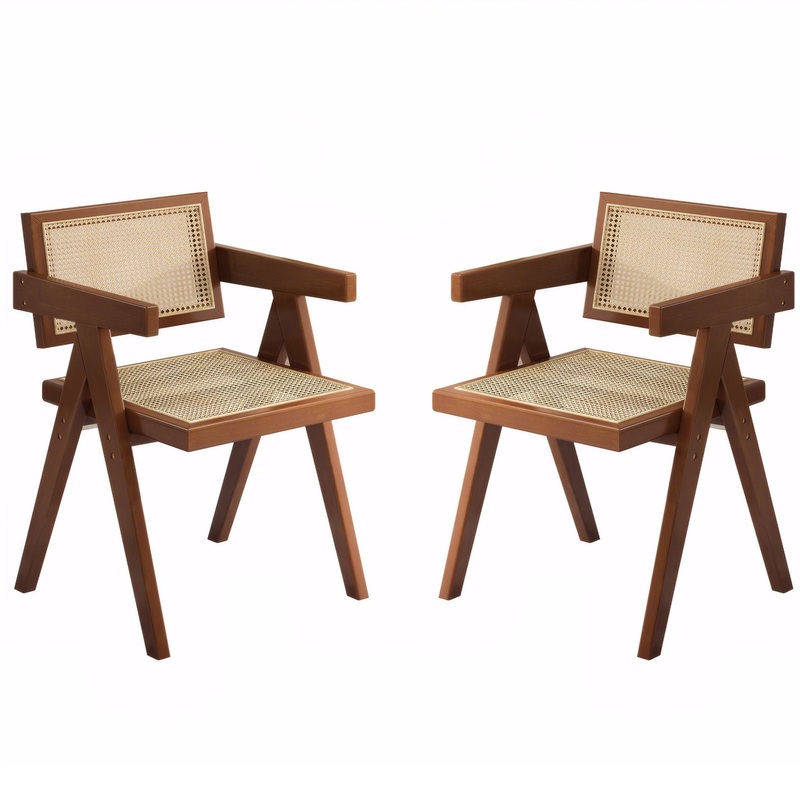Modern Mid Century Dining Chairs (Set of 2), Rattan Accent Chairs, Comfy Armchairs, Outdoor Wood Chairs With Armrest – Walnut