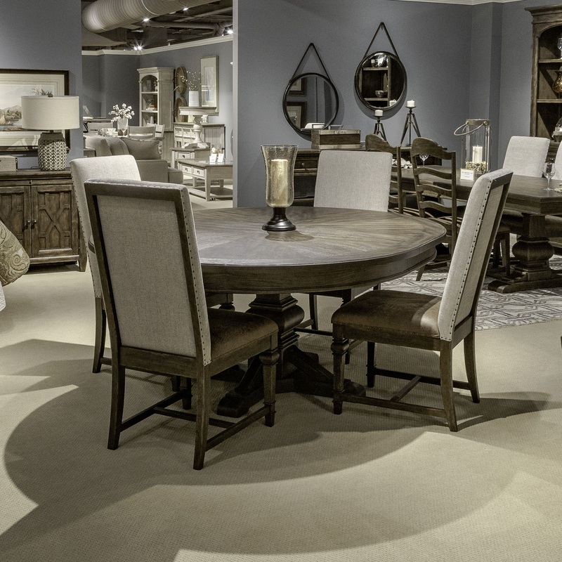 Paradise Valley – 5 Piece Pedestal Table Set (Upholstered Side Chairs) – Dark Brown