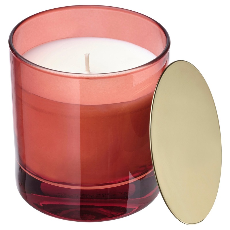 VINTERFINT scented candle in glass with lid, Orange and clove/red, 9 cm