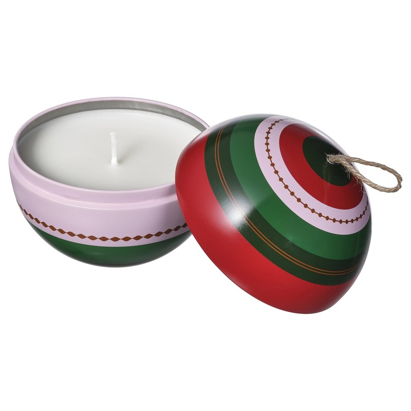 VINTERFINT scented candle in metal tin, bauble/Warm spices green, 9 cm