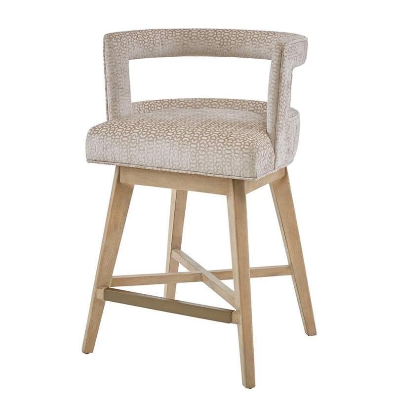 Contemporary Design Swivel Counter Stool With Low Back Support Polyester And Solid Wood – Cream