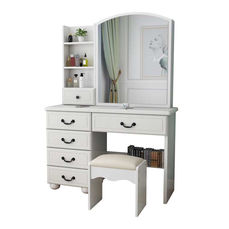 Fashion Vanity Desk With Mirror And Adjustable Lighting, 6 Drawers, 3 Color Light Modes – White