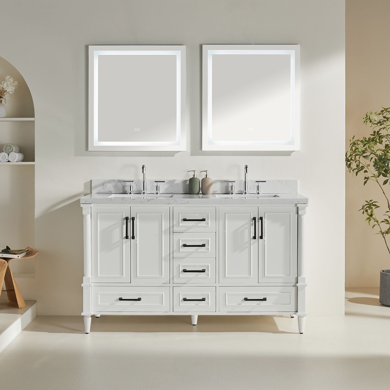 Freestanding Double Bathroom Vanity With Extra Black Handles – White