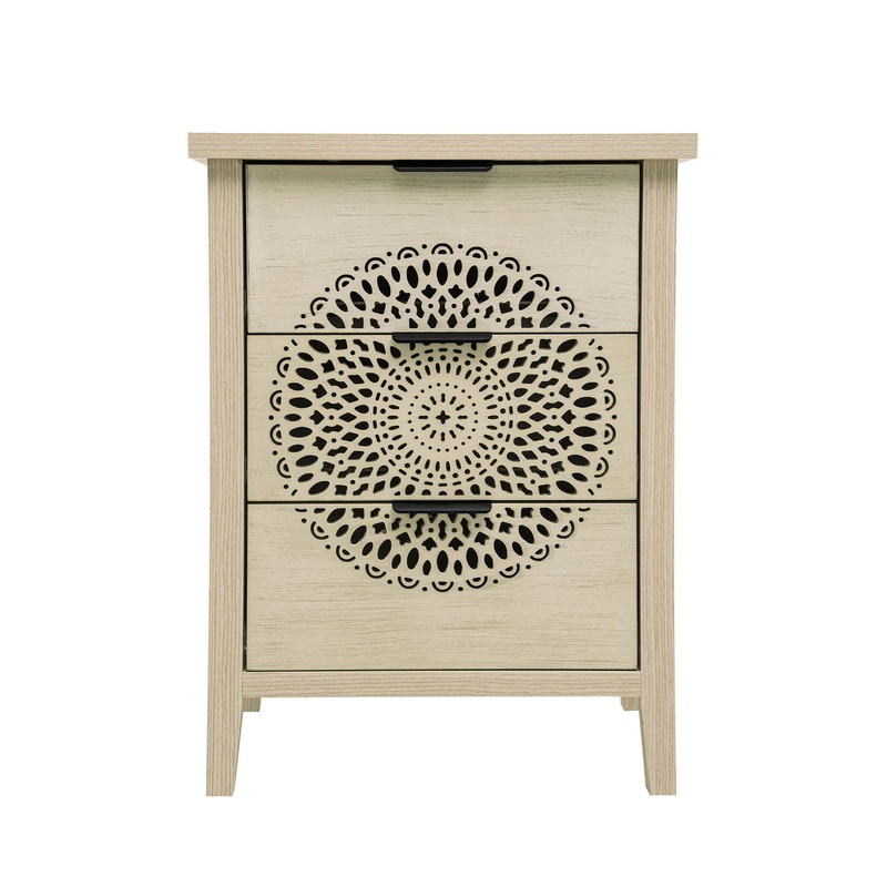 Hollow Carved 3 Drawer Cabinet Dresser Storage Chest With Metal Handles For Living Room Bedroom – Natural