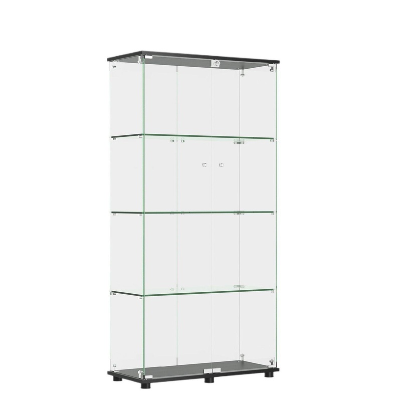 Modern Glass Display Cabinet With 4 Shelf Double Doors And Lock, Tempered Glass Bookshelf For Living Room – Black