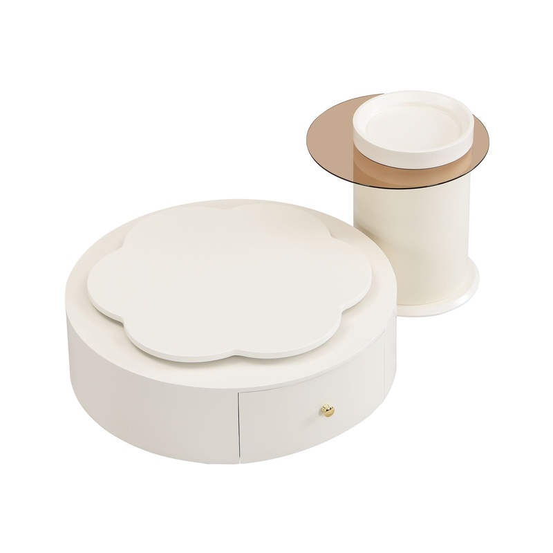 Modern Round Coffee Table (Set of 2), 360 Degree Rotatable Flower Shaped Top With 2 Drawers, Top Circle Side Table End Table With Glass For Living Room – Off White