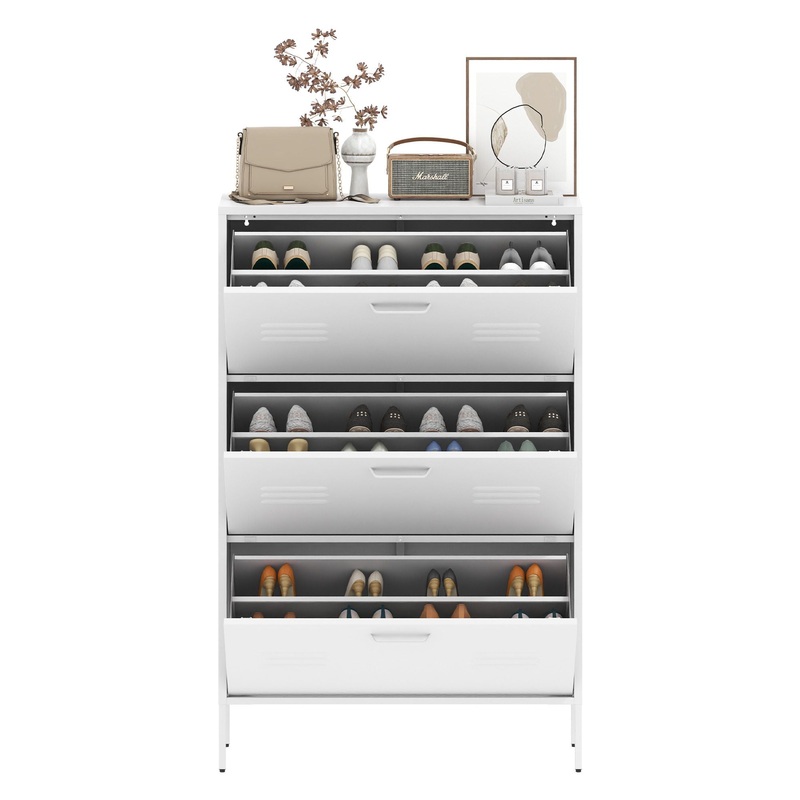 Modern Shoe Storage Cabinet With 3 Flip Drawers And Metal Frame For Entryway – Brushed Nickel