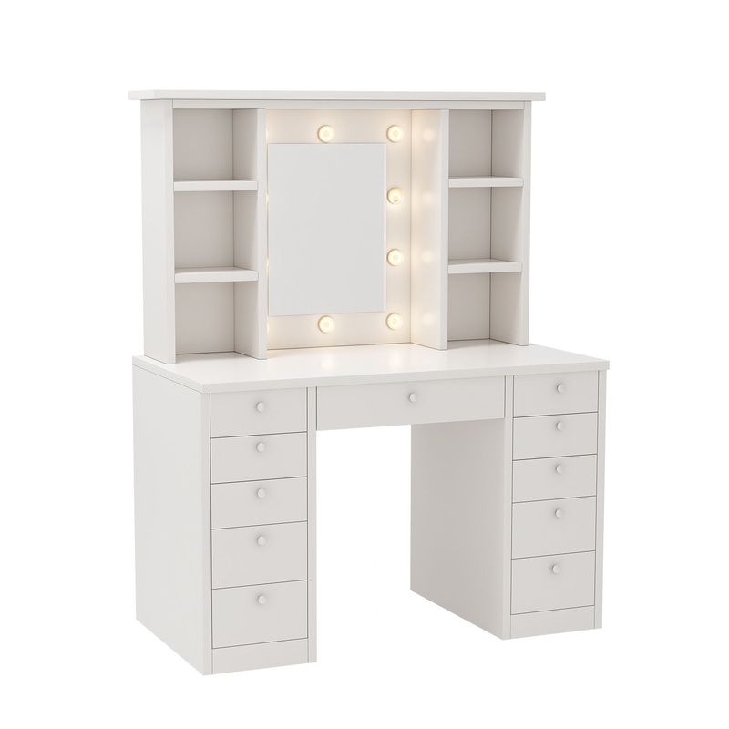 Vanity Desk With LED Lighted Mirror, Makeup Vanity With 11 Drawers, Adjustable Lighting – White