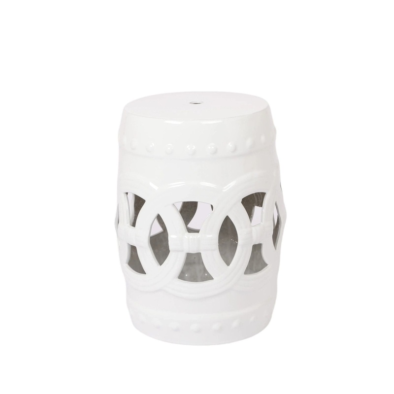 Elegant Glazed Ceramic Drum Stool Indoor / Outdoor Side Table Accent Garden Stool – White