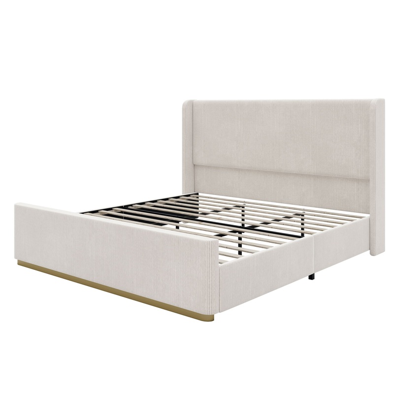 King Size Luxurious Corduroy Upholstered Bed Frame With Vertical Stripe Wingback Headboard And High Footboard – Light Gray