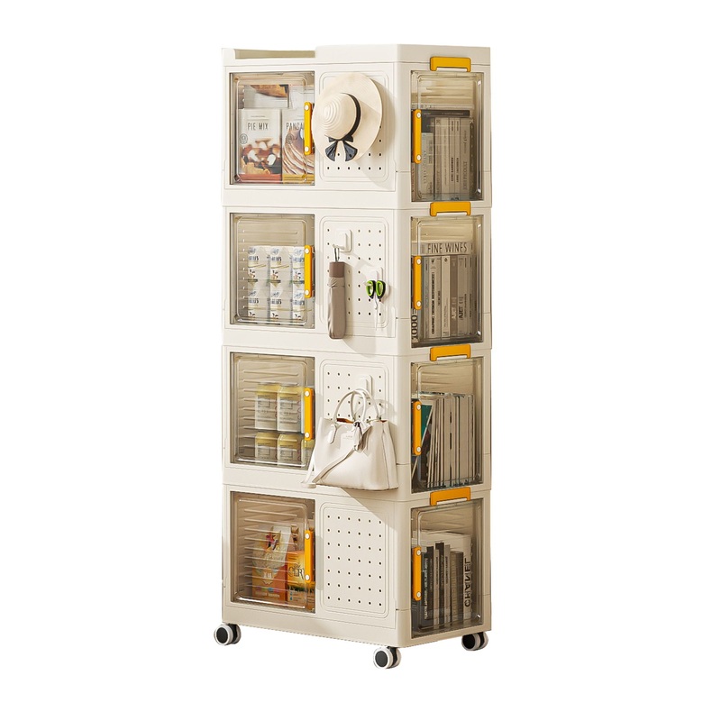 4 Tier Rolling Storage Bookcase With Wheels And Large Capacity Storage Bins – Cream