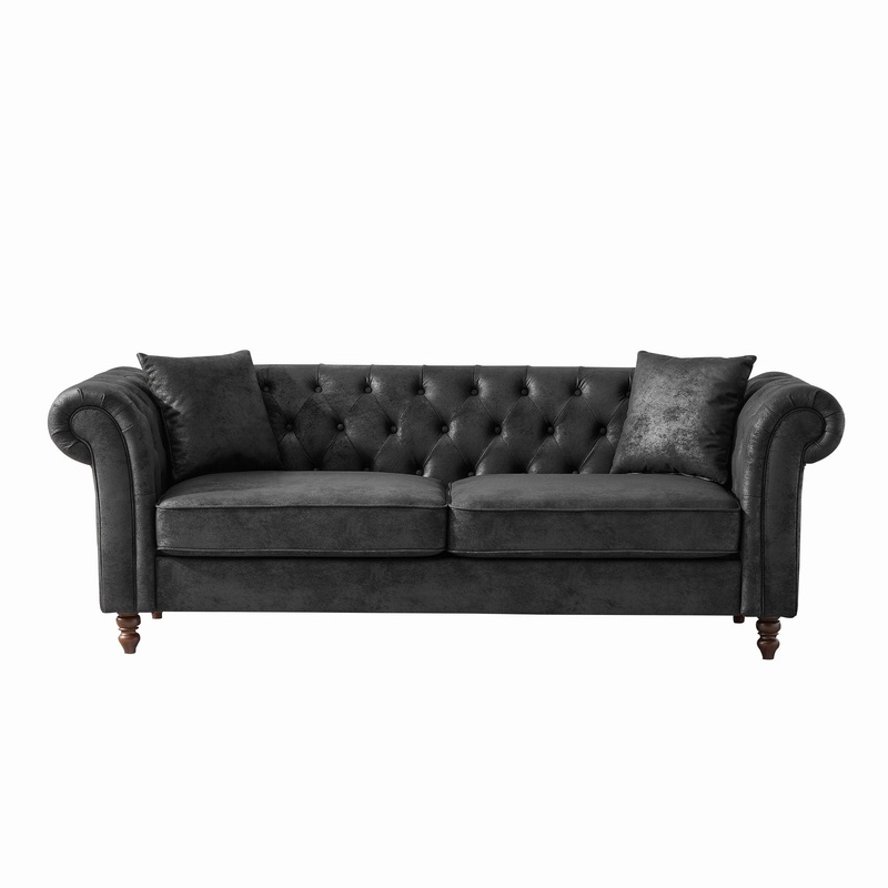 Chesterfield Sofa, High Tech Fabric Roll Armrest, 3 Seater Mid Century Modern Couch – Black