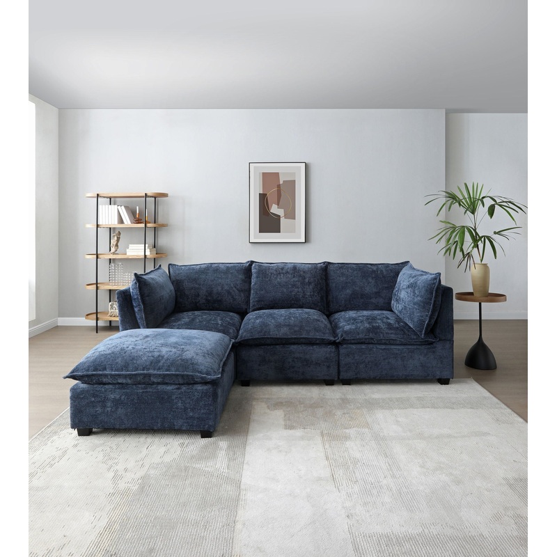 Modern Sectional L-Shape Sofa With Convertible Ottoman For Living Room