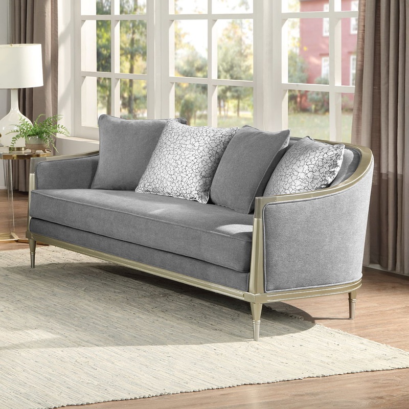 Fernando – Loveseat With 4 Pillows – Gray Chenille & Champagne