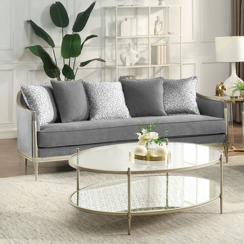 Fernando – Sofa With 5 Pillows – Gray Chenille & Champagne
