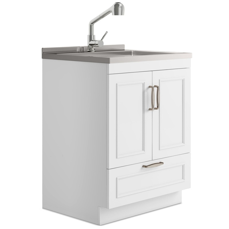 Laundry Cabinet With Faucet And Stainless Steel Sink – White