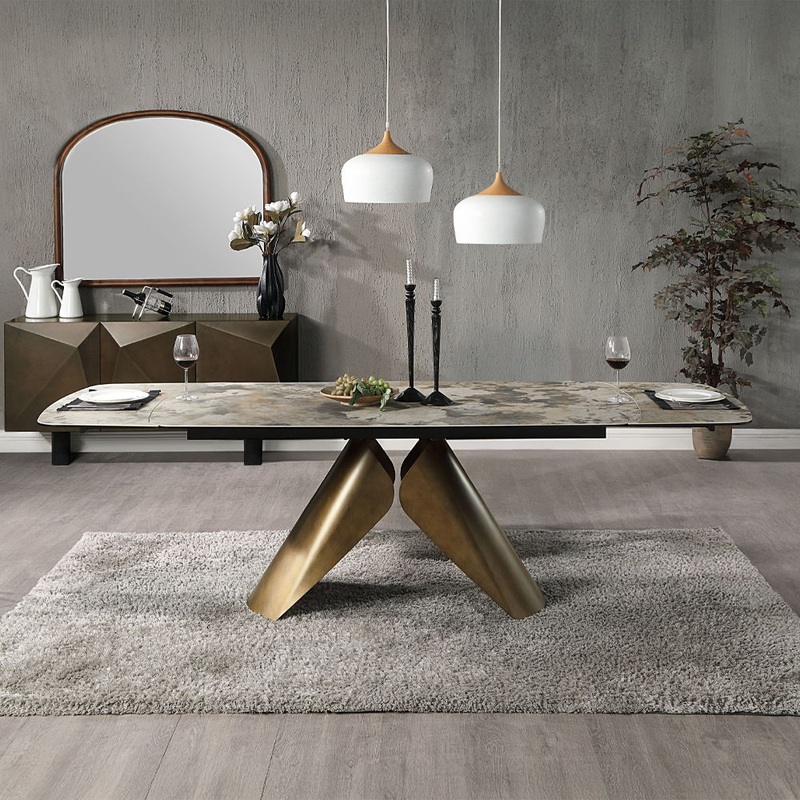 Malika – Ceramic Top Dining Table – Gray & Copper Cross Brushed