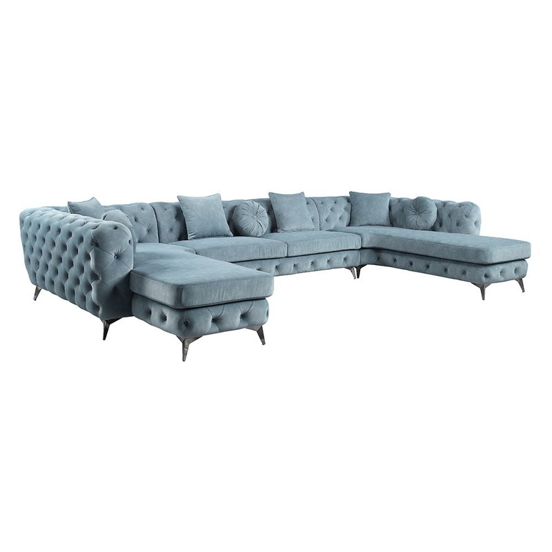 Zerah – Sectional Sofa With 7 Pillows – Dusty Blue Fabric