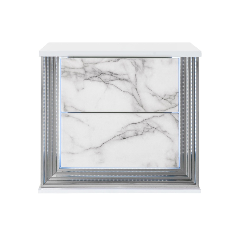 Ylime – Marble Nightstand With LED – Light Gray / White