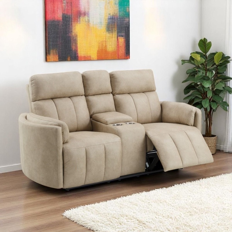 Elison – Motion Loveseat With Console – Dark Beige Polish Microfiber