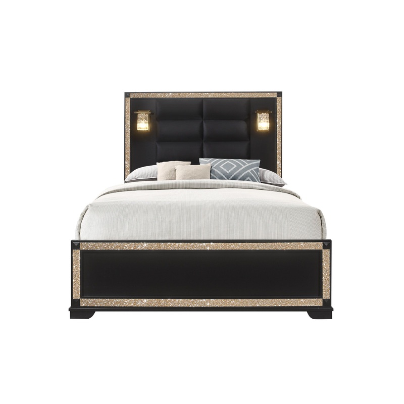 Blake – Queen Bed With Lamps – Black / Gold